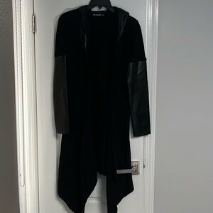 BlankNYC knit sweater cardigan with faux leather sleeves and hood